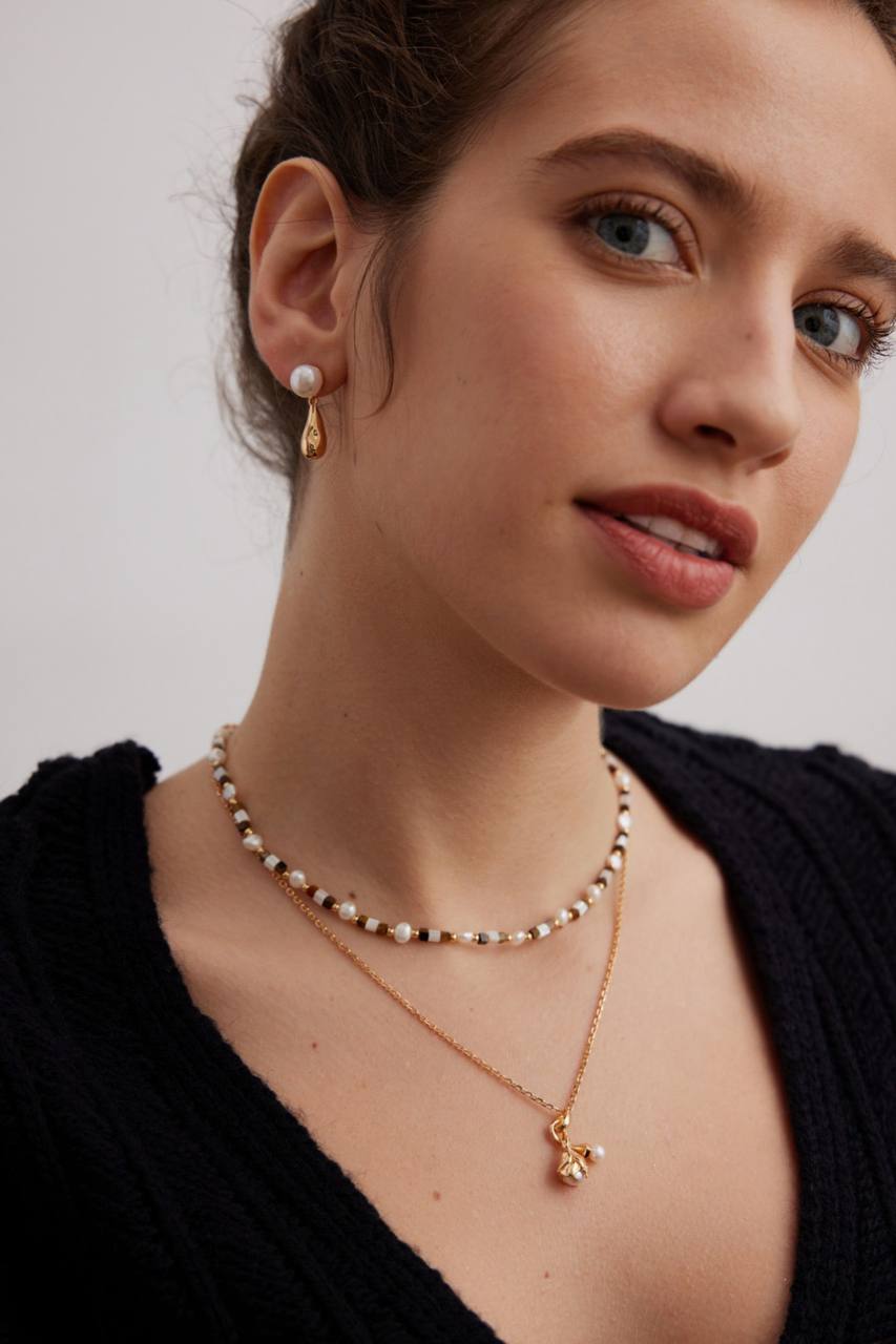 Double Rose Sterling Silver Pearl Sweater Necklace