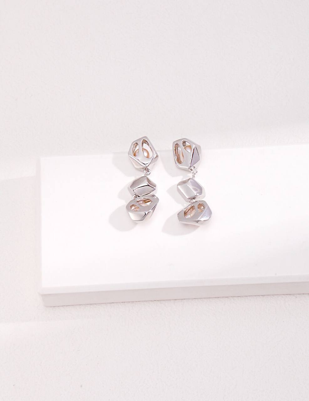 Geometric Hollow Design Sterling Silver Pearl Earrings