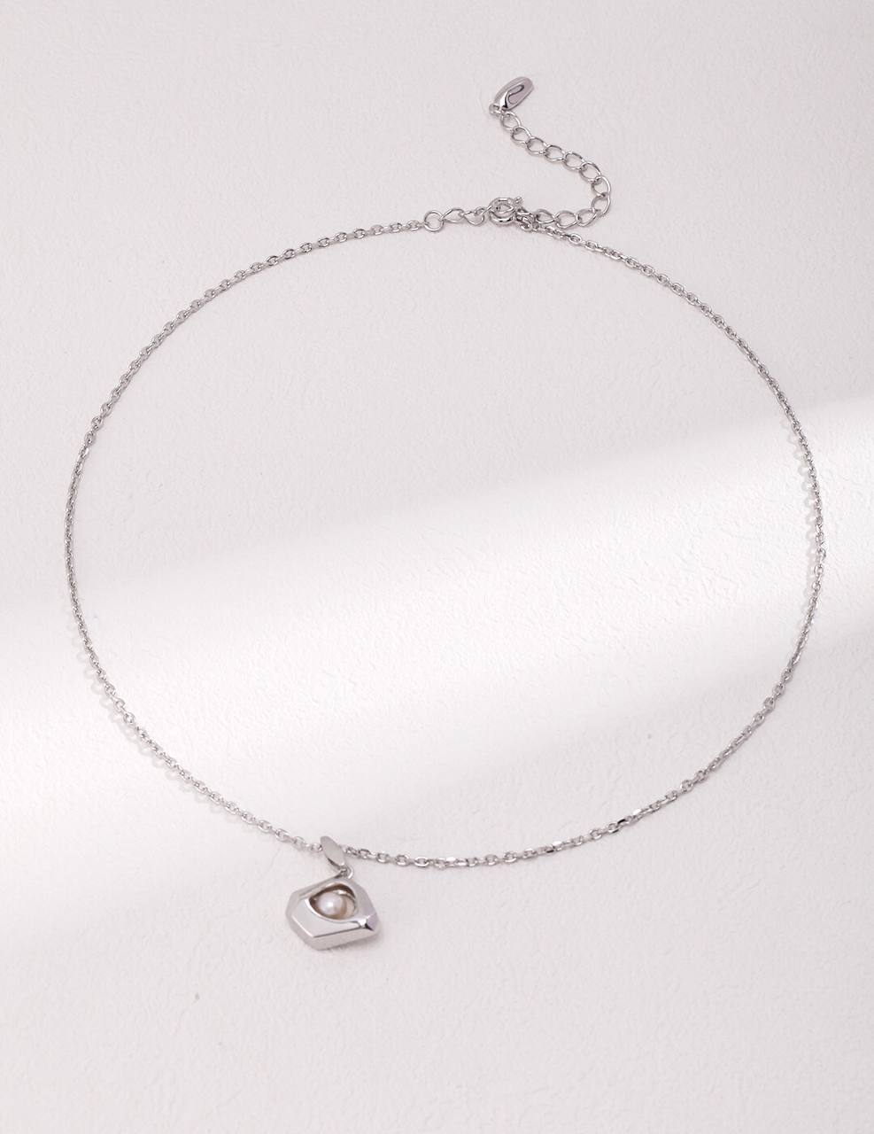 Geometric Hollow Pearl Pendant Sterling Silver Necklace
