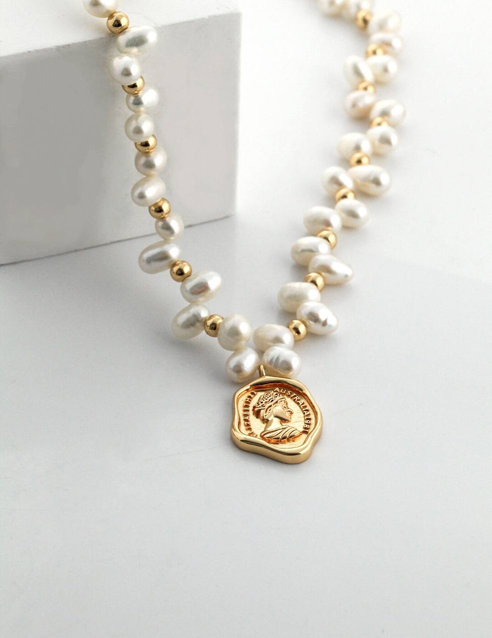 Queen Emblem Sterling Silver Natural Baroque Pearl Necklace
