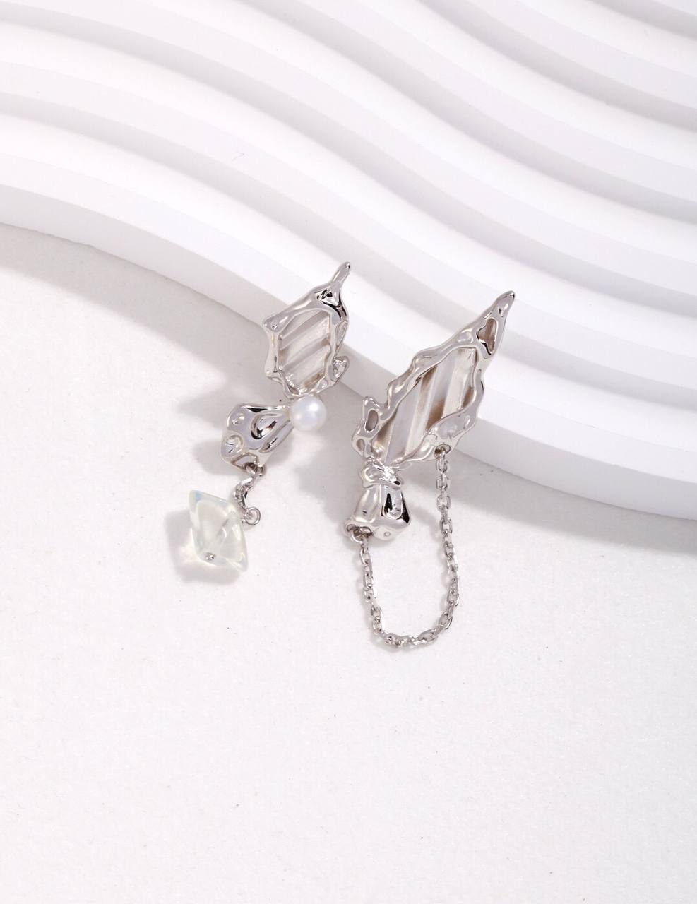 Asymmetrical Opal Sterling Silver Pearl Earrings