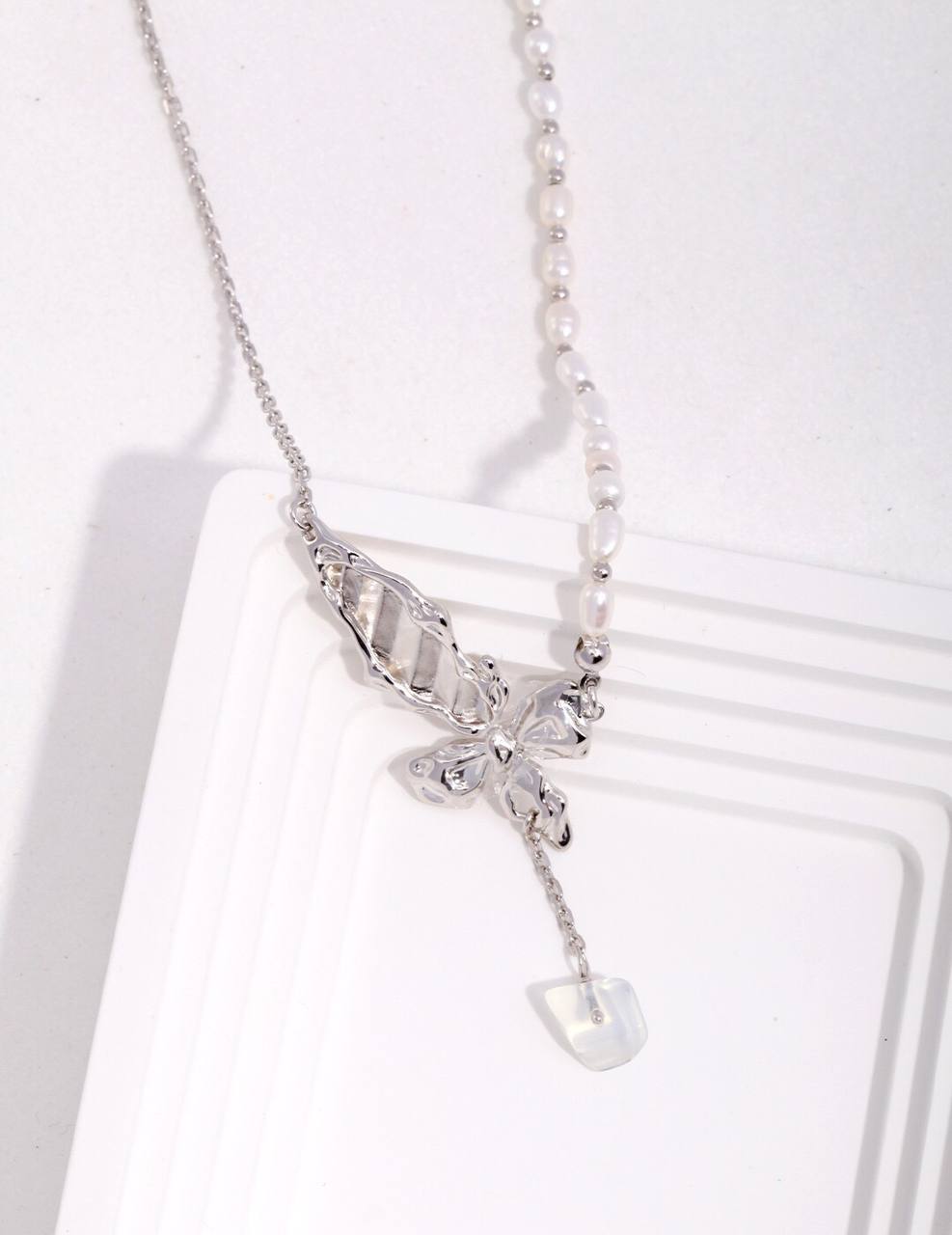 Butterfly Sterling Silver Opal Pearl Necklace
