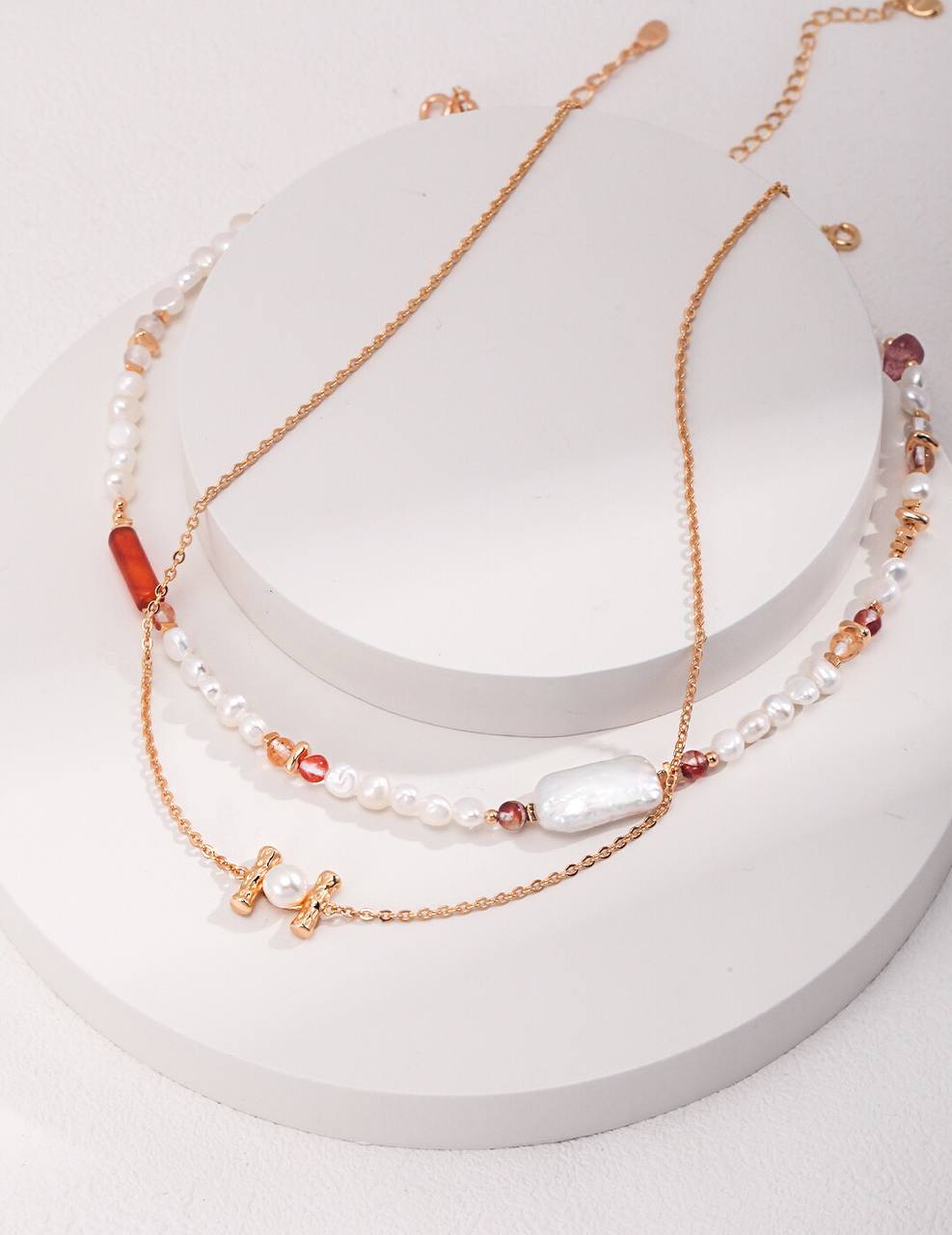 Strawberry Quartz Sterling Silver Pearl Sweater Necklace