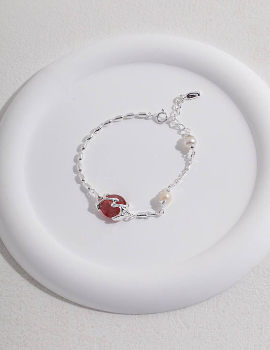New Chinese 'Sunset Glow' Collection - Strawberry Quartz Sterling Silver Pearl Bracelet