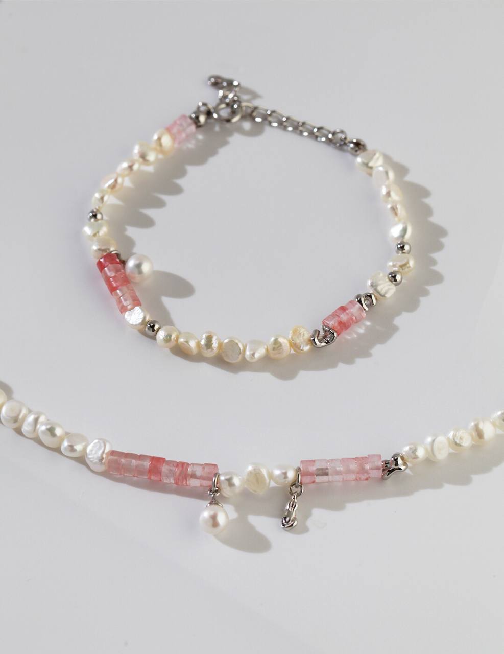 Collier de perles en argent sterling rose pêche avec perles boulier