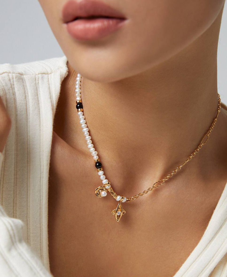 Star and Moon Design Series - Onyx Zirconia Sterling Silver Pearl Necklace