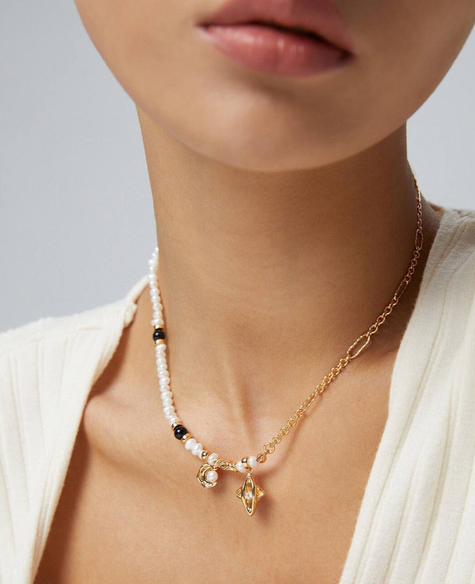 Serie de diseño de estrella y luna - Collar de perlas de plata de ley con circonita y ónix